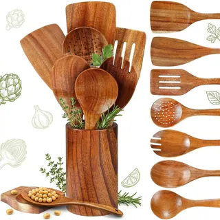 Kochlöffel Set Holz 9-teiliges, Natürliche Holzlöffel Set mit Halter, Bequemem Griff, Antihaft-holzutensilien zum Kochen - Holzkochlöffel, Pfannenwender Holz, Suppenkelle (9-teiliges Set)