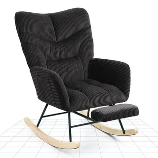 FLEXISPOT Schaukelstuhl Schaukelsessel mit hoher Rückenlehne & Fußstütze, Relaxsessel mit Holzkufen, gepolstert für Wohnzimmer, bis 120 kg, Sch... - Schwarz