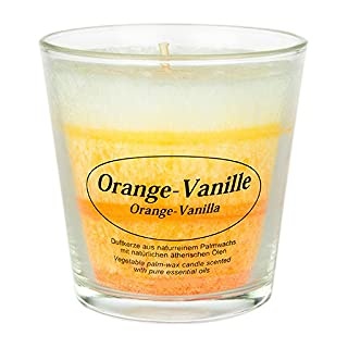 Kerzenfarm Hahn Duftkerze im Glas aus pflanzlichem Stearin, Bio-Stearinkerze, 130 g, mit reinen ätherischen Ölen, Orange-Vanille, 80 mm x ø 50/78 mm