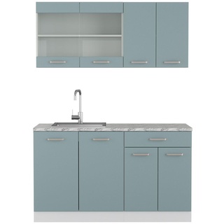 Livinity® Singleküche R-Line, 140 cm mit Arbeitsplatte, Blau-Grau/Weiß