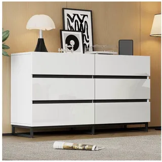 Merax Sideboard hochglanz Wohnzimmerschrank in Weiß-Schwarz (1 St., Anrichte Buffetschrank), Kommode mit 6 Schubladen, Metallbeine & Stauraum, 140x39,5x78,5cm weiß