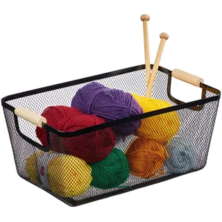 Relaxdays Drahtkorb mit Holzgriffen, eckig, Aufbewahrungskorb Metall, HBT 16,5 x 37 x 22,5 cm, Korb Küche & schwarz, 70% Stahl, 30% Holz