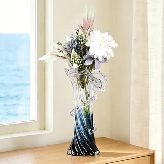 LINYTHER Blau-weiße klare Wellenvase mit Farbverlauf, mundgeblasene Murano-Glasvase, einzigartige Kunst, dekorativ, für Ozean-Thema, Küste, Zuhause, Mittelstück, modernes Büro, Eingangsbereich