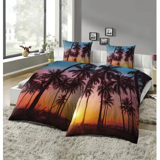 Partnerbettwäsche KINZLER "Partnerbettwäsche 4-teilig "Palme", bunt, B/L: 135cm x 200cm, 2 Stk., 2 Stk., Microfaser, B/L: 80cm x 80cm & 80cm x 80cm, 4 Stk., Microfaser, Obermaterial: 100% Polyester, Bettwäsche, pflegeleicht, mit Motiv