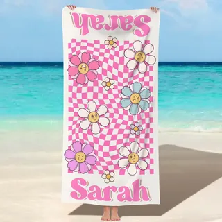 Jodimitty Kariertes Blumen Personalisierte Strandtuch für Erwachsene, Mikrofaser Strandtuch Individueller Name, Schöne Blumen Muster Strand Handtuch Saunatuch Badetuch, 76x152cm (Rosa Rot)