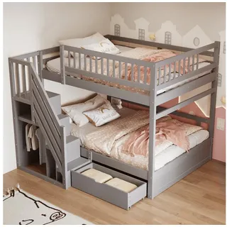 STILVORA Etagenbett 140×200 mit Matratze&Stauraum,Hochbett mit Leiter,Lattenrost&Gitter (mit Stauraum & Sicherheitsleiter - Kinderbett mit Lattenrost, Hochsicherheitsgeländer und Stauschubladen, für Jugendliche und Gäste 140x200 cm), Mit matratze grau
