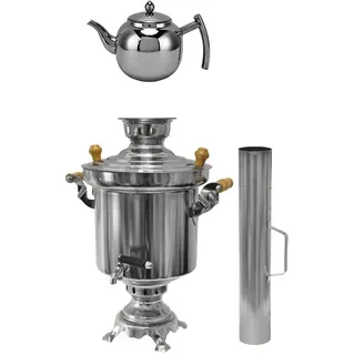 Russischer Türkischer Holzkohle Samowar 5 Liter Edelstahl mit 1L Design Teekanne
