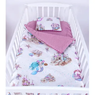 Babylux Babydecke 75x100 cm mit Kissen 30x35 cm – Kuscheldecke aus Minky & Baumwolle – Krabbeldecke für Kinderwagen, Babybett & Spielgruppe (K147 - Retro-Rosa + Meerjungfrauen)