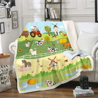 Bauernhof Tier Decke Nette Kuh Pferd Wurf Decke für Bett für Kinder Kleinkind, Cartoon Lastkraftwagen Traktor Sherpa Decke Rustikale Bauernhaus Fleece Decke, Land Hahn Kaninchen Fuzzy Decke 130x150cm