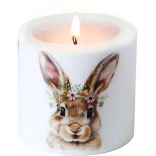 Kerze Ostern Niedlicher Hase mit Blumen als Tischdeko für den Frühjahr. Kerze Frühling mit Motiv als originelle Tischdekoration für Kinder und Erwachsene Ø8 x Höhe 7,5cm