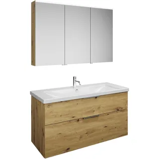 burgbad, Badmöbelset, Set Eqio, composé d'une armoire de toilette à gauche, d'un lavabo en céramique et d'un meuble
