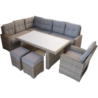 Ragnarök-Möbeldesign hohe Dining Lounge - DEUTSCHE Hersteller PolyRattan Gartenmöbel Weißes GlasZwei hellbraune Halbkreissofas graue Kissen