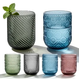 PORFOYO 4 Teilig Trinkgläser Set Bunt, Gläser Set Bunte, Farbig Wassergläser, 250ml, Spülmaschinenfest, Modern Wasserglas Saftgläser Für Wasser, Drink, Saft, Party, Garten, Grün, Blau, Grau, Rosa