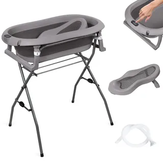 moovkee Babybadewanne mit Gestell 80cm Dunkel Grau Faltbar mit Thermometer, Badesitz und Abflusssystem – Babywanne für Neugeborene mit Ständer - Grau