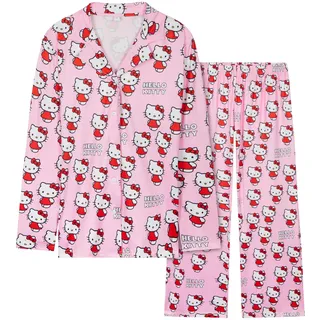 Hello Kitty Damen Lang Schlafanzug Set, Pyjama mit Hose & Oberteil mit Knopfleiste (Rosa, 2XL) - XXL