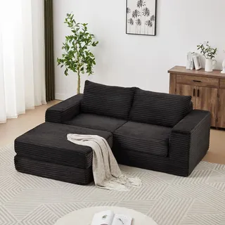 Modulares Cord-Schlafsofa 2-in-1, Corduroy Sofa mit Hocker & 2 Kissen, Ecksofa mit flexibler Konfiguration, Schlafcouch für Wohnzimmer, Schwarz - Schwarz