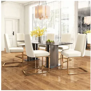 Flieks Freischwinger (Set, 6 St), 6er Set Esszimmerstühle Polsterstuhl Schwingstühle Samt, Metallbeine beige 45 cm x 88 cm x 52 cm