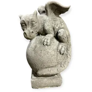 OriginalPaul Skulp & Betondesign Drache auf Kugel: Massive Steinfigur, Steinguss, 8kg, 32x19x18cm, Frostsicher für Haus und Garten