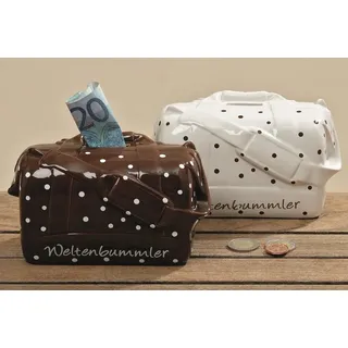 2 er Set Spardose Reisetasche Braun und Weiss je gepunktet ca. 16 cm Gross Sparbüchse Sparschwein