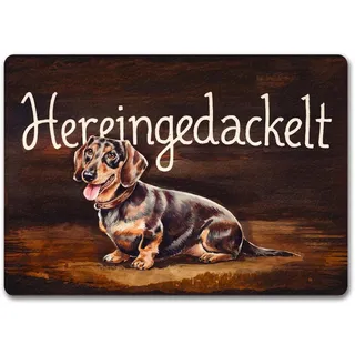 speecheese Fußmatte in 35x50 cm ohne Rand mit Dackel Aquarellgemälde-Stil | auf hölzernem Hintergrund Mit Halsband geschwungener Schriftart Stilvoll dunkler Charme für Ihr