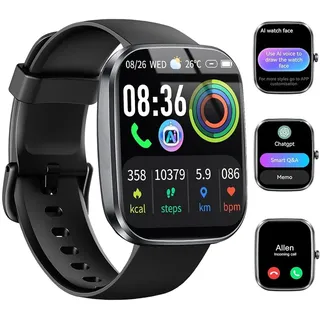 Smartwatch Herren Damen, 1,96" HD Smartwatch 2026 mit Telefonfunktion, Smart Watch Fitnessuhr 113+ Sportmodi, IP68 Wasserdicht, Sportuhr mit Herzfrequenz Schlafmonitor Schrittzähler, für Android iOS