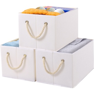 Yawinhe Aufbewahrungsbox Stoff, Faltbare Aufbewahrungsboxen, Waschbare, Offene Stoffbox, für Schlafzimmer, Kleideraufbewahrung, Weiß, 33x23x20cm, 3-Pack, SNK033WS-3