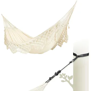 LA SIESTA® Bossanova Bio-Baumwoll Hängematte & Baum-& Pfosten-Befestigung, Gurten für Baumen Balken & Pfosten - Balkon Indoor Outdoor Hängematte, 2 Personen Makramee Boho Hängematte - Kingsize, Latte