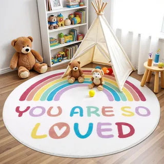 Enyhom Weicher Kinderteppich Rund 120 cm, Spielteppich Vorleger Babyteppich Waschbar rutschfest Pflegeleichter, Regenbogen und Alphabet Muster, Krabbelmatte fürs Kind