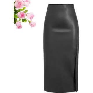 HESYSUAN Lange Lederröcke für Damen, Winter, lang, schwarz, Lederrock, hohe Taille, Schlitz, Kunstleder, A-Linie, Bleistiftrock - M