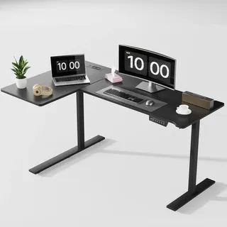 AIORBER Elektrisch höhenverstellbarer Eckschreibtisch L-Form mit USB Steckdosen, stabil, leise, Home Office, 73-118cm, Schwarz - Schwarz