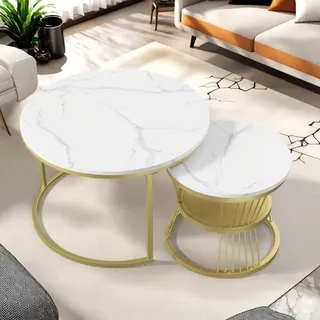 HULUWA Couchtisch Marmor Optik,Satztische fürs Wohnzimmer,ø70+45 Tisch Rund mit Stauraum,für Wohnzimmer,Balkon und Büro,Metallgestell,Weiß Marmoroptik und Gold Stahl Gestell