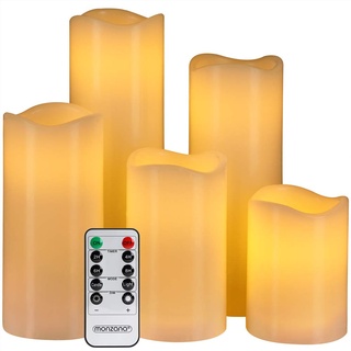 MONZANA 5x LED Kerzen mit Timerfunktion flackernde Flamme Fernbedienung 5 Größen Dimmbar Echtwachs elektrische Kerzen Batterie Groß Warmweiß ø7,5cm