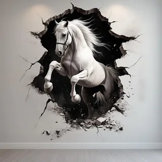 Decords Wandtattoo – weißes Pferd mit 3D-Mauerdurchbruch, 280 cm