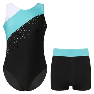 AMENGJ Gymnastikanzug Mädchen Mädchen-Gymnastik-Trikots mit glänzenden Strasssteinen, Ballett-Tanz-Trikots, Body mit Shorts, Ballett-Jersey, Ganzanzug, Tanzbekleidung(Blue Green,12)