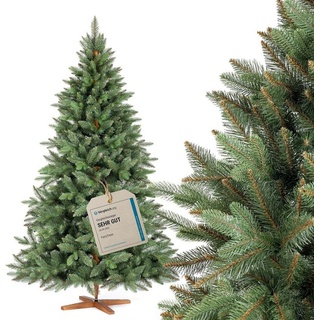 Fairytrees Künstlicher Weihnachtsbaum FT29, Nordmanntanne Premium, mit braunem Stamm und Echtholz Baumständer grün 180 cm