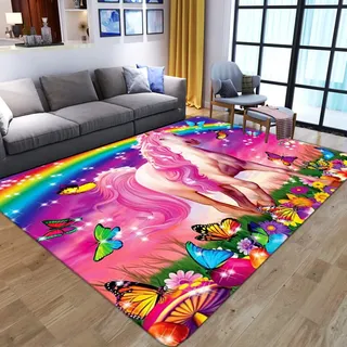 Einhorn 3D gedruckter Teppich Cartoon Regenbogen Schmetterling Sternmuster Wohnzimmer Schlafzimmer Anti Rutsch Carpet Kinder Mädchen Jungen Zimmer Spielen Krabbeln Fußmatten (80x160 cm, Rosa)