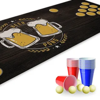 younikat Bierpong Matte 180 x 60cm I Bierpong Becher Set inkl. 22 Becher und 6 Bälle I Bierpongmatte rutschfest & wasserabweisend I Beerpongbecher Zubehör für Party, Garten & Festival | dv821