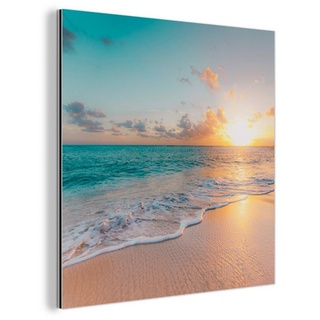 MuchoWow Metallbild Sonnenuntergang - Strand - Meer - Sommer - Blau, (1 St), Alu-Dibond-Druck, Gemälde aus Metall, Aluminium deko bunt Quadratisch - 20 cm x 20 cm x 0.4 cm