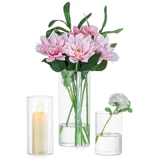 Set aus 3 Zylindervasen für Blumendekoration und Kerzen - Transparent