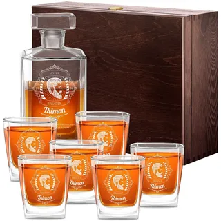 Maverton Bourbon Whiskey Karaffe + 6 Whiskygläser mit Gravur personalisiert | Whisky Dekanter, 700ml, Geschenk zum Geburtstag für Männer, Bruder