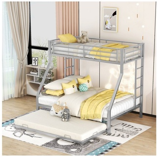 SOFTWEARY Etagenbett Metallbett mit 3 Schlafgelegenheiten und Lattenroste (90x200 cm/140x200 cm), Kinderbett mit Rausfallschutz grau