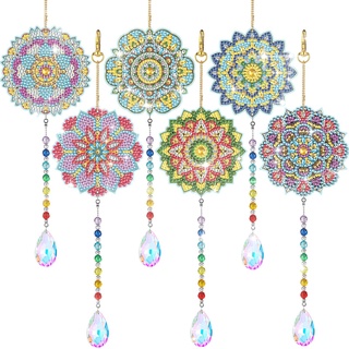 Yeaqee 6 Pcs Diamond Painting Sun Catchers Mandala Flower Diamond Art Wind Chimes Double Sided Diamond Painting Hanging Ornament Diamond Art Accessories and Tools for Garden Decoration Adults Kids DIY