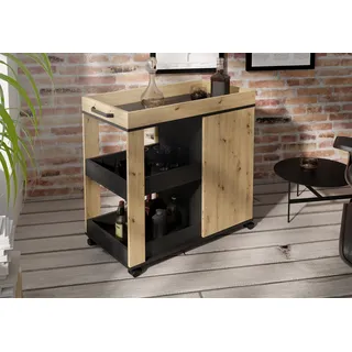 Forte Home BAR Barschrank 70 80, Schrank mit Rollen und 2 Türen, Barmöbel, Wohnzimmerbar, Barzimmer, Holzwerkstoff, Artisan Eiche/Schwarzeiche Holzdekor, 77 cm breit x 88,2 cm hoch x 42 cm tief