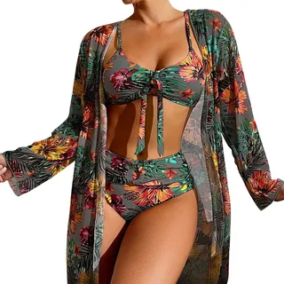 DeaAmyGline 3 Teilig Bikini Damen Set, Badeanzug Damen mit Bikini Cover Up Brazilian Style Bikini Push Up Elegant Boho Drucken High Waist Bikini-Sets Sonnenschutz Kimono Bademode Badeanzüge Swimsuit