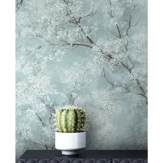Newroom Vliestapete Bene Muster 1, Blau Tapete Leicht Glänzend Floral - Blumentapete Mustertapete Türkis Weiß Baum Modern für Schlafzimmer Wohnzimmer Küche, Mustertapete blau