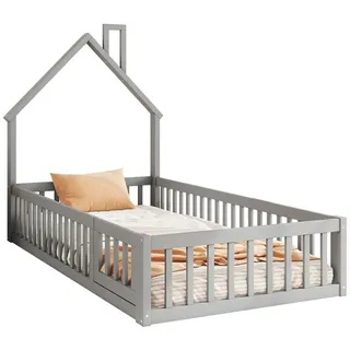 OKWISH Kinderbett Minimalistisches Hausbett für Kinder, Jugendbett Gästebett Doppelbett (mit Schornsteinform und Lattenrost, aus Kiefernholz, 90x200 cm), ohne Matratze grau