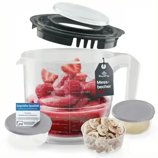 RoyalFay® Messbecher 2,2L anthrazit (INKL. 3 Frischhalteboxen) – Rührbecher mit Deckel – Mixbecher mit Stopboden, Liter- und Cup-Skala – Rührschüssel für Backen, Kochen und Frischhalten