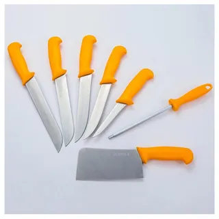 HOOZ Messer-Set Fleischermesser Set 7-teilig mit Hackbeil & Wetzstahl aus Edelstahl (7-tlg), 7-teiliges Fleischermesser Set mit Wetzstahl und Hackbeil gelb