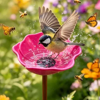 Metall Gartenstecker Vogeltränke, Höhe 60CM Handgefertigt Blumenform Vogeltränke Winterfest Insektentränke Keramik Bienentränke, Blumen Vogelbad Gartendeko für Draußen Wetterfest (Rosa)