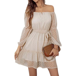 FIDDY A-Linien-Kleid Kleid Damen Elegant Langarm Off Shoulder Einfarbig Dot Minikleider L